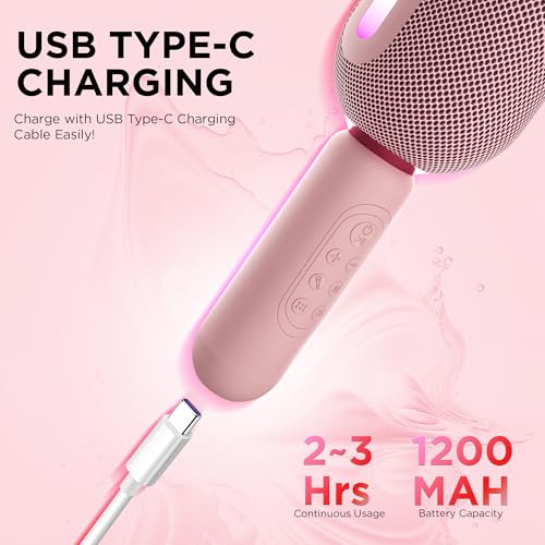 Image of Wireless Bluetooth Karaoke Mic with 5W Speaker,Upto 3-Hour Playtime, Dynamic RGB Lights, Music Recording, Duet Singing, Mini Karaoke Machine for Car Travel, Fast Charging (Pink)