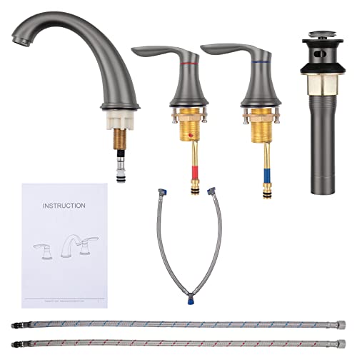 Bathroom Sink Faucet, Faucet for Bathroom Sink, Widespread Gun Grey Bathroom Faucet 3 Hole with Stainless Steel Pop Up Drain and cUPC Lead-Free Hose - (Gun Grey 2 Packs)