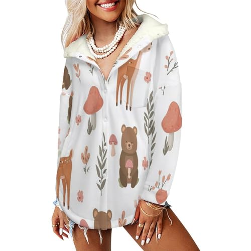 Manteaux chaude à capuche animaux de la forêt pour femme avec doublure en peluche sherpa et poches