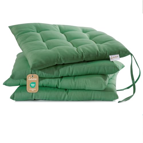 Lavea® Coussins de Chaise 40x40 cm – Lot de 4 avec Attaches – Confortables et lavables pour intérieur, extérieur - pour Jardin, Balcon, terrasse et Cuisine - Vert...