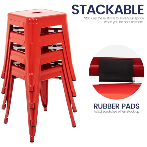 Image of Brage Living 18 Inch Industrial Metal Stools Set of 4, Stackable Classroom Stools, Backless Metal Dining Chairs for Indoor Outdoor, Kitchen Short (Red)