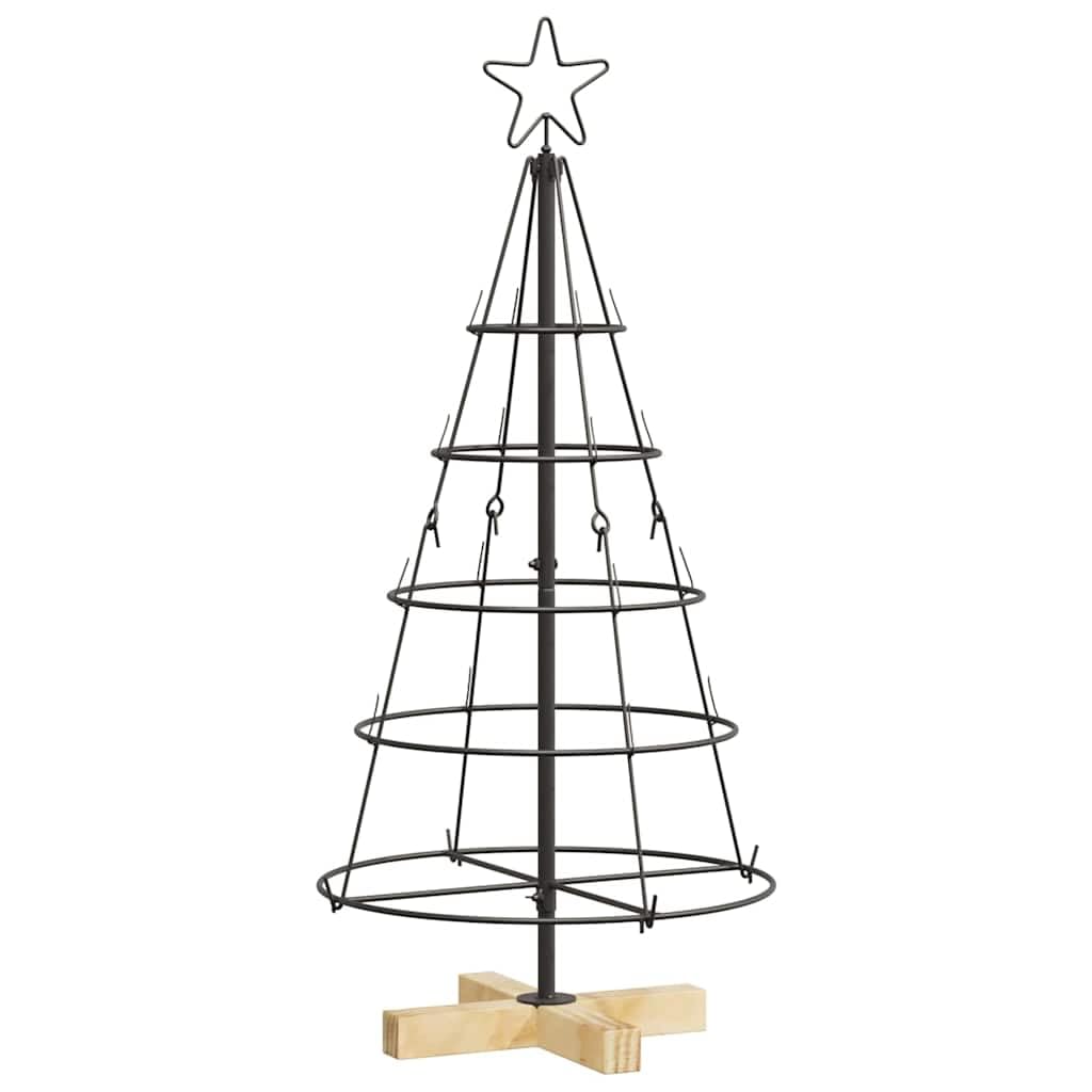 Albero di Natale in acciaio 90 cm nero opaco a forma di cono con supporto in legno di pino come elegante decorazione natalizia