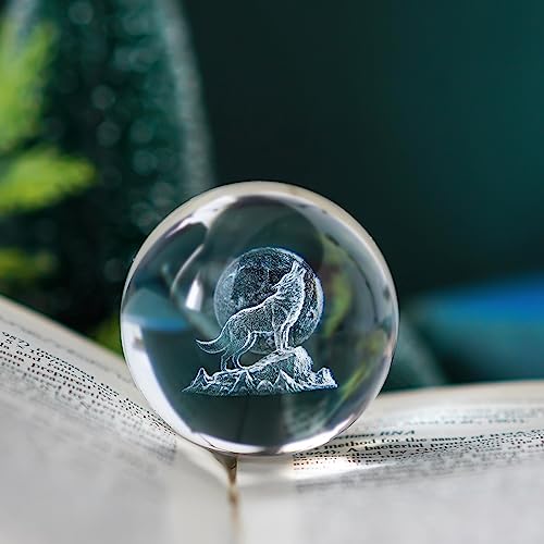 ZEERSHEE 3D Kristall-Wolfsfiguren - Geschenk für Männer und Frauen - 60 mm Laserglaskugel - Briefbeschwerer mit Ständer - Heulender Wolf mit Mond - Dekoration für zu Hause