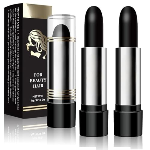 2PCS Root Touch Up Stick for Beard & Hair – Semi-Dark Temporary Hair Dye – Covers Gray Instantly – Waterproof, Sweatproof, Herbal Formula, Twist-Up Design（Black）