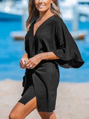 Image of CUPSHE Womens Vacation Mini Summer Dress V Neck Kimono Sleeve Belted Flowy Loose Resort Wear Casual Beach Cover Up Dress