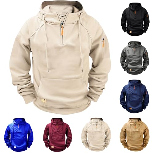Mens Hoodies Quarter Zip Drawstring Pullover Cargo Hoodie Jacket Fall Long Sleeve Hooded Sweatshirt with Pockets