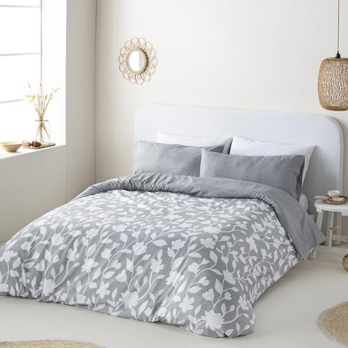 COTTON ARTean Funda Nórdica Reversible Cama 105 NARCEA Gris Microfibra cepillada Funda edredón 180x220 + 1 funda almohada Cierre Botones