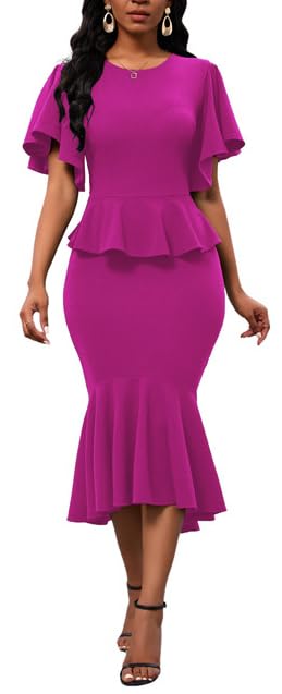Image of Womens Summer Ruffle Short Sleeve Fishtail Dress Evening Cocktail Formal Peplum Midi Mermaid Dresses Elegant