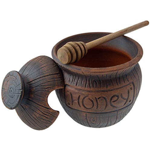 Honey Jar With A Dipper 16Oz. Ceramic Honey Pot Made Out Of Solid Clay Piece. Honey Container, And A Great Rustic Bowl For Gift (Brown) - Ceramic Beehive Honey Pot With Dipper. #TOP5