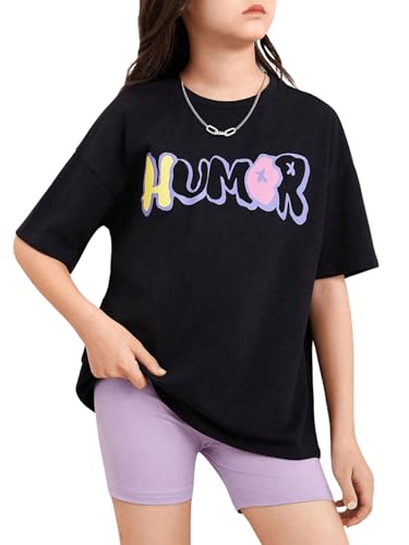 SweatyRocks Girl's Letter Graphic Print Half Sleeve T Shirt Round Neck Drop Shoulder Oversized Tees3