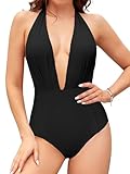 SHEKINI Women's Retro Deep V-Neck Bathing Suit Backless High Waisted One Piece Swimsuit (Black, Small)