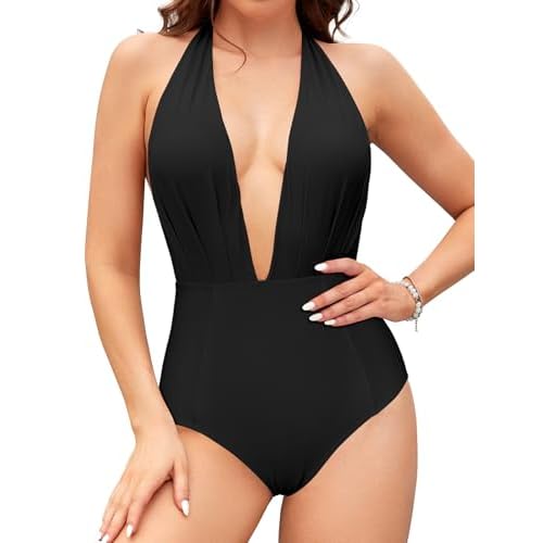 SHEKINI Damen Einteiliger Badeanzug Rückenfrei Monokini Schwimmanzug Gepolstert Verstellbar Tiefer V-Ausschnitt Einteiliger Badeanzüge für Frauen (XX-Large, Schwarz-S)