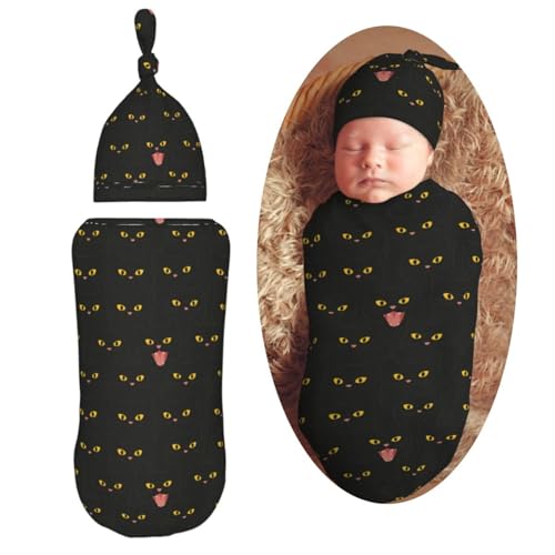 Image of Black Cats Cute Newborn Swaddle Blankets Hat Sets Soft Baby Receiving Blanket Swaddle Sack for Baby Shower Infant Boy Girl Gift