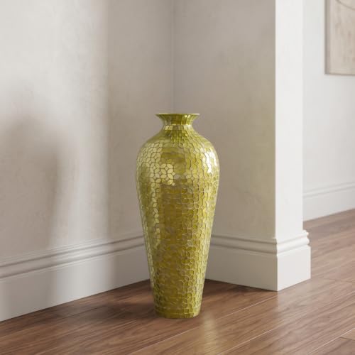 DecorShore 20 Inch Handmade Green Mosaic Floor Vase Floral Glass Inlay Iron Accent for Pampas Grass, Table Styling, Entryway & Modern Boho Interiors