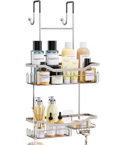 HapiRm Hanging Shower Caddy Over the Door with Soap Holder, No Drilling Adhesive Shower Organizer with 11 Hooks, Rustproof & Waterproof 304 Stainless Steel Bathroom Shelves - Brushed Nickel