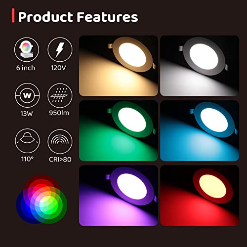 Orein 4 Pack Smart Recessed Lighting 6 Inch Rgbww With Wi-Fi App Control, 13W 950Lm Fix To Ceiling Downlight, Work With Alexa, Google, Siri #TOP1