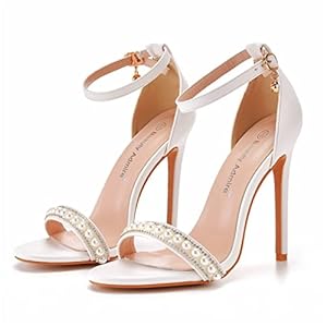Bruidsbruiloft Pumps Met Hoge Hakken Voor Dames, Modieuze Riemgespen Strass Parels Schoenen, Stiletto’s Puntige Pumps Met Open Teen, Hooggehakte Partybal Kantoorsandalen,Wit,41