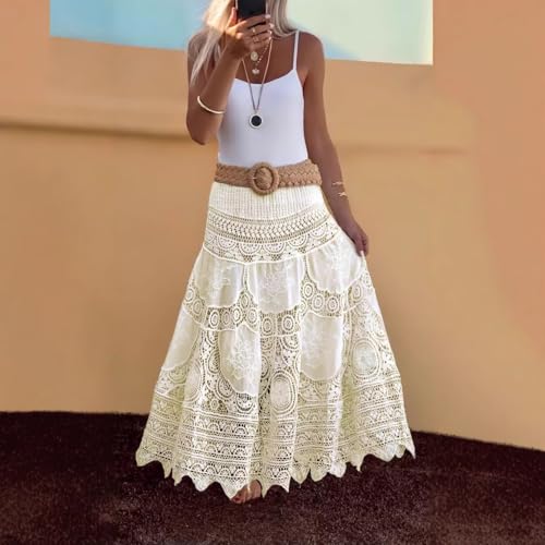 Women's Crochet Skirt High Waist Maxi Stretchy Boho Hollow Out Flowy Lace Skirts4