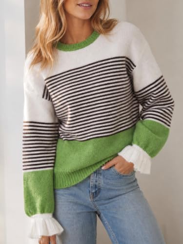 Saodimallsu Womens Striped Ruffle Sleeve Pullover Sweaters 2026 Fall Trendy Slouchy Color Block Preppy Sweater Tops Green — view 4