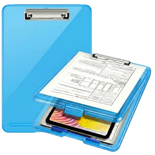 Image of Yajnas A4 Size Clipboard with Storage Box | 180 Foldable Exam Pad & Writing Board | Heavy Duty Plastic File Folder with Pen Holder & Paper Storage for Students, Office & Field Use (Light Blue)