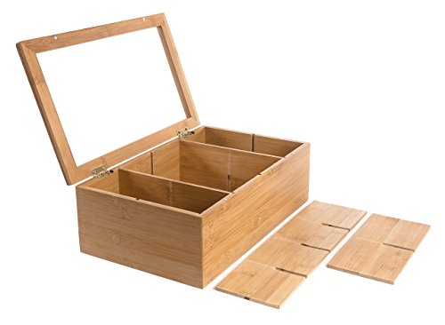 Randomgrounds 100% Bamboo Tea Box Storage Organizer, Taller Size Holds 120+ Standing Or Flat Tea Bags, 8 Adjustable Chest Compartments, Natural Wooden Finish #TOP6