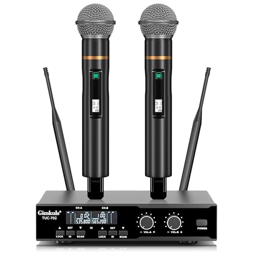 Gimkuls Wireless Professional Microphone System, Cordless Handheld Dynamic Mic, Dual UHF 200-Channel, Metal Microphones 328ft Long Range for Karaoke, Church, DJ, Wedding, Singing