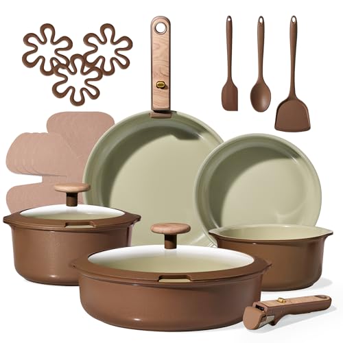 Image of CAROTE Ceramic Cookware Set, Pots and Pans Set Non Stick with Detachable Handle, RV Kitchen Cooking Set, Induction & Oven Safe, PFAS and PFOA Free, Pistachio Green 19 Pcs