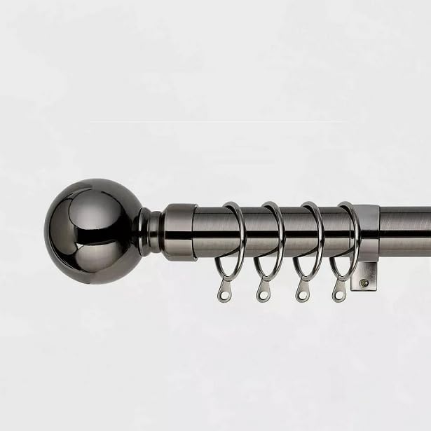 Extendable 25-28mm Metal Curtain Pole Set With Plain Ball Finials Rings Brackets (Black Nickel, 90-160cm)