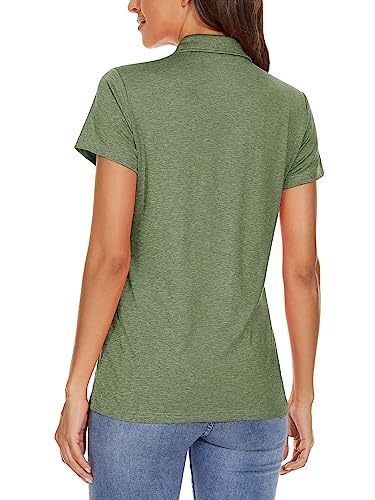 MAGCOMSEN Damen Kurzarm Sport Poloshirts Sommer Leicht Golfshirts Schnelltrocknend Fitness Tops Frauen Outdoor Polo T-Shirts Lässig Trainingsshirts für Tennis Jogging Armeegrün L