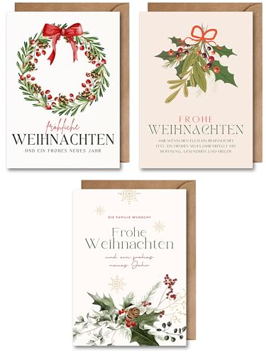 Juego de 3 tarjetas de Navidad con sobre, juego de tarjetas de Navidad clásico con texto en alemán 'Mistel Acebo Weihachtskraz Weihachtskraz Weihnachtsabend Adventszeit Weihnachtsgruß (DIN A6)
