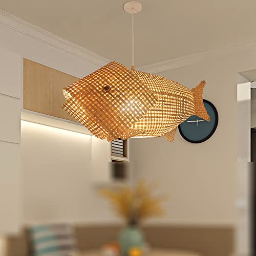 Lámparas araña bambú Tejidas a Mano con diseño pez Grande Comedor, decoración Boutique, lámpara Dormitorio ratán Ajustable, Estilo rústico bambú.