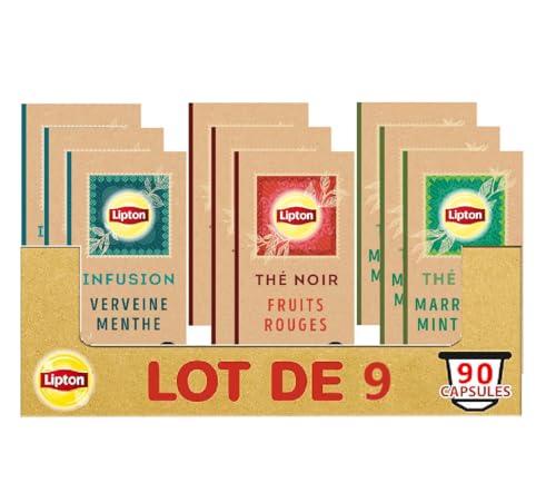 Lipton Assortiment de 3 Thés en Capsules Compatibles Nespresso : Thé Vert Marrakech Mint, Infusion Verveine Menthe, thé Noir Fruits Rouges, Compatibles...