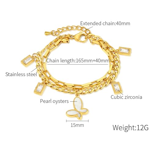 Fashion 18K Gold Plated Stainless Steel Cubic Zirconia Butterfly Charm Bracelet Stack Rectangular Link Chain Bracelet2