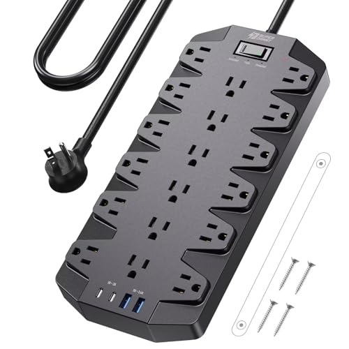 Surge Protector Power Strip, SUPERDANNY 18 AC Outlets with 4 USB Ports, 1875W/15A, 2100J, 6.5FT Flat Plug Heavy Duty Extension Cord with Wall Mount Holes for Home, Office, Gaming Room,Dorm, Black