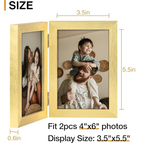 decorUhome Double 4x6 Picture Frame Vertical, Engineered Wood Bifold Photo Frame with Plexiglass for Tabletop Display, 4x6, Gold