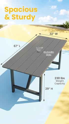 Image of Amopatio HDPE Patio Outdoor Dining Table for 6 All Weather 67'' Rectangular Table with Umbrella Hole for Porch Deck Garden Backyard Poolside