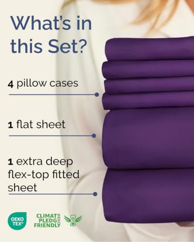 Image of CGK Unlimited Extra Deep Flex Top Split Head King Sheet Set - 6 Piece Breathable and Cooling Sheets - Hotel Luxury Bedding for Women, Men, Kids & Teens - Easy Secure Fit - Extra Deep Pockets - Purple