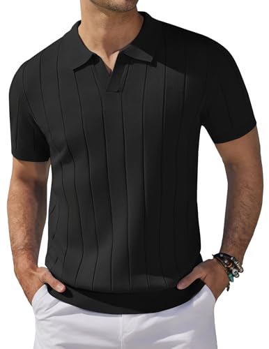 COOFANDY Polo de Hombre de Manga Corta, Polo de Punto de Verano con Cuello en V para Golf, Poloshirt para Hombres Negro M