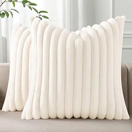 Pallene Faux Fur Plush Throw Pillow Covers 18×18 Set of 2, Luxury Soft Fluffy Striped Decorative Pillow Covers for Sofa, Couch, Living Room, Cream White