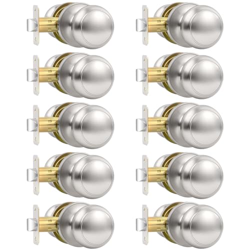 Vesmikit 10 Pack Brushed Nickel Door Knob Round Interior Door Knobs for Hallway Closet Non-Locking Passage Door Knobs Keyless Door Handles for Left/Right Handle Doors