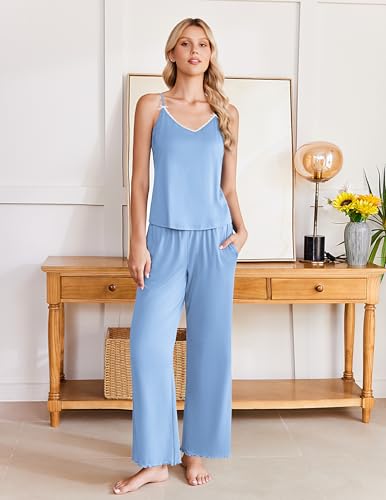 Image of Ekouaer Womens Y2K Cami Pajama Set with Flare Pants, 2 Piece Lace Trim Sleepwear Spaghetti Strap Pjs Set XS-2XL