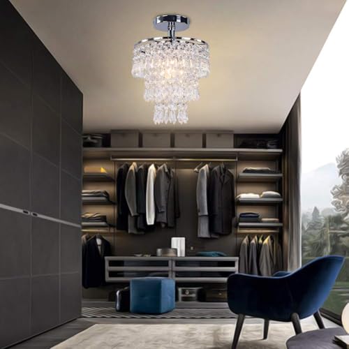 FRIXCHUR Small Crystal Chandelier Silver Ceiling Light Flush Mount Chandelier Light Fixture Ceiling Mount for Dining Room Bedroom Hallway Foyer Closet 7.9 Inch - Image 4