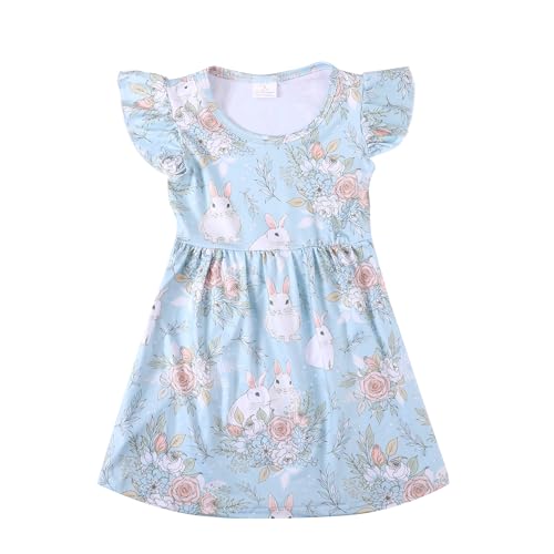 Toddler Girls Dress Bunny Rabbit Easter Egg Print Dresses Flutter Sleeve 3-8Y