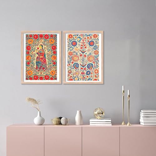 kotart Madhubani Art Framed Painting for Home, Living Room, Hall | Traditional Pichwai Art Paitnings with Frame for Home Decor (Set of 2) (Style02)