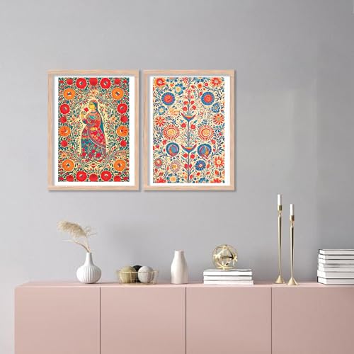 kotart Madhubani Art Framed Painting for Home, Living Room, Hall | Traditional Pichwai Art Paitnings with Frame for Home Decor (Set of 2) (Style02)