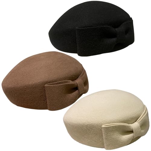 Beret Hat, Elegant Pillbox Hat for Women with Bowknot, Warm Soft Comfortable Wool, One Size French Hats for Women Winter Party Wedding, White Beret3