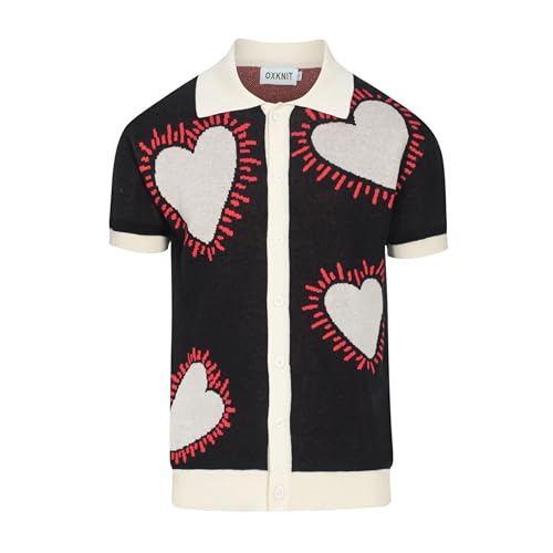 Men's Knitted Polo Shirt, Retro Heart Pattern Casual Poloshirt Summer Short Sleeve with Button, White and Black