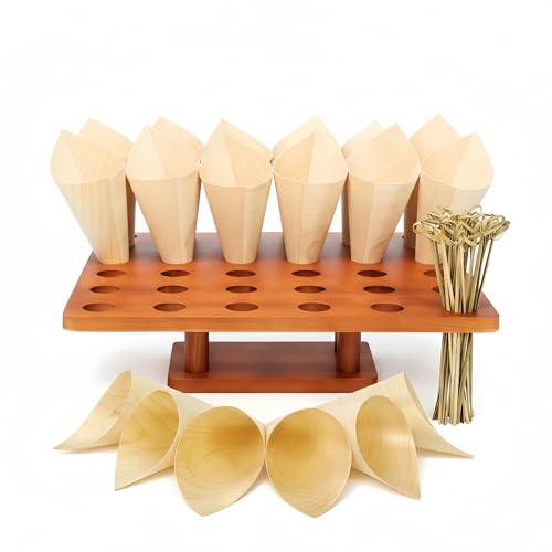 36 Slot Wooden Cone Holder Stand with 100 Cones & 100 Picks, 13 x 13 Appetizer & Dessert Cone Display for Catering Buffets, Charcuterie Cone Bar, Parties & Food Trucks