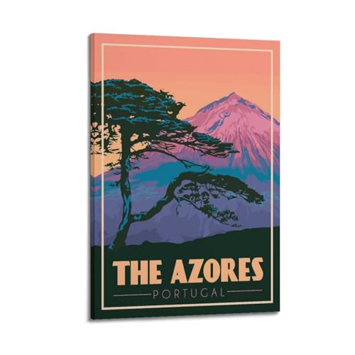Poster de paysage du Portugal arbre des Açores et volcan tableau toile haut de gamme
