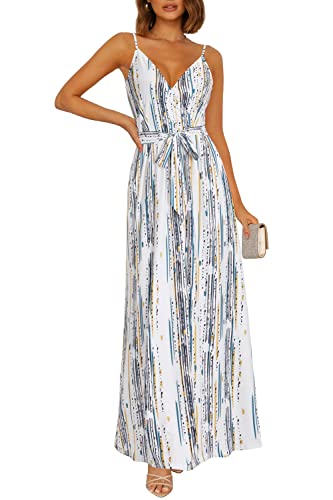 Image of OUGES Womens Summer Maxi Dress V Neck Floral Adjustable Spaghetti Strap Beach Dresses with Pockets
